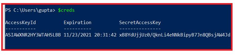 Picture showing the value of $creds variable in powershell